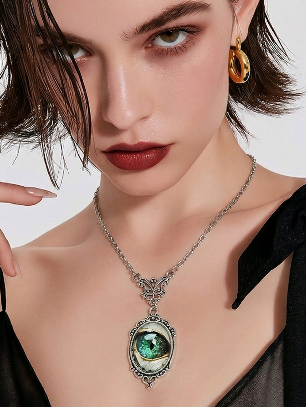 Dragon Eye Necklace Gothic Fantasy Elven Pendant Green Cabochon DND Mysterious